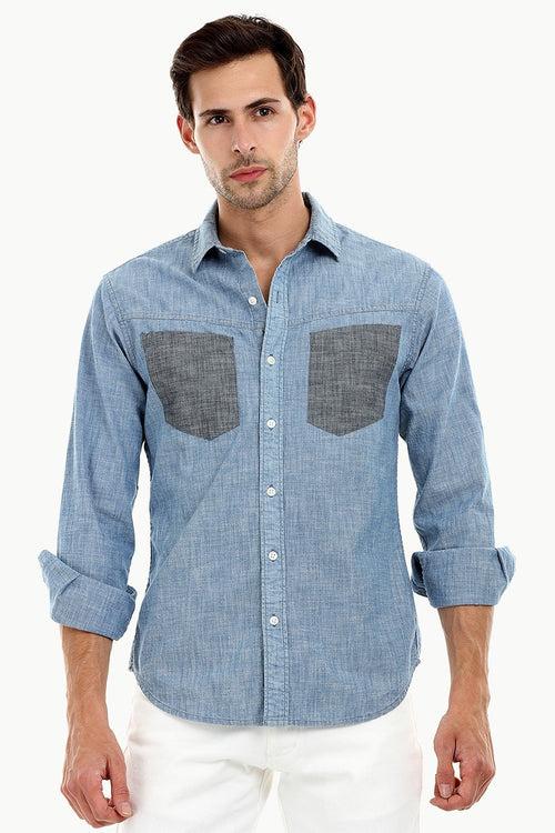 Men's Contrast Pockets Casual Denim Shirt