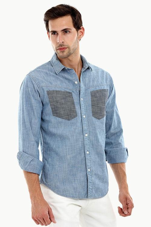 Men's Contrast Pockets Casual Denim Shirt