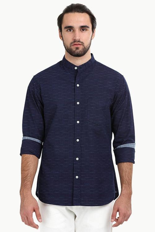 Men's Slub Navy Mandarin Shirt