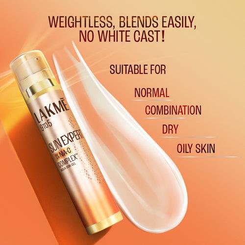 Lakmē Sun Expert 1% Nia-VIT C Sunscreen, SPF 50 PA+++ for UVA/B, No white cast, for radiant skin