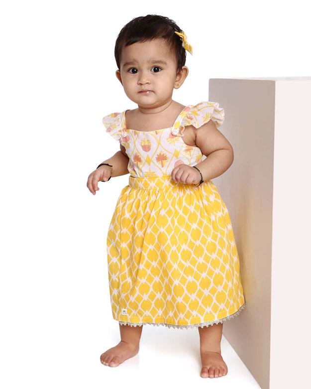 Zahra Handblock Printed Infant Onesie with Detachable Lehenga Skirt and Matching Clips, Yellow