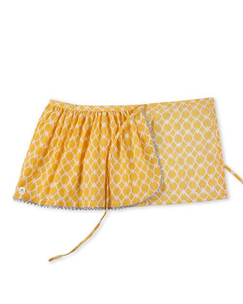 Zahra Handblock Printed Infant Onesie with Detachable Lehenga Skirt and Matching Clips, Yellow