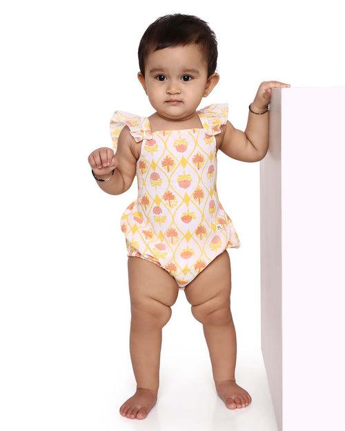 Zahra Handblock Printed Infant Onesie with Detachable Lehenga Skirt and Matching Clips, Yellow