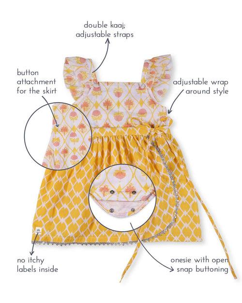 Zahra Handblock Printed Infant Onesie with Detachable Lehenga Skirt and Matching Clips, Yellow