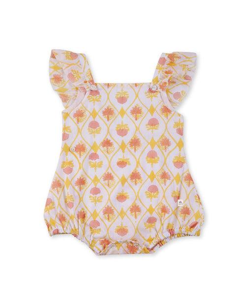 Zahra Handblock Printed Infant Onesie with Detachable Lehenga Skirt and Matching Clips, Yellow