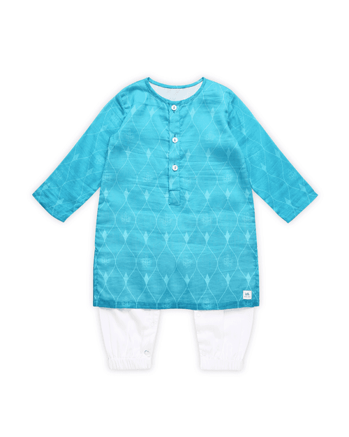 Firoza Chanderi Printed Infant Kurta with Attached Pyjama (Onesie), Turquoise Blue