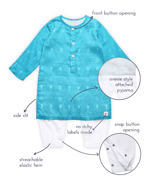 Firoza Chanderi Printed Infant Kurta with Attached Pyjama (Onesie), Turquoise Blue