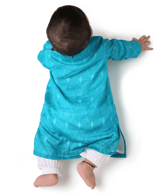 Firoza Chanderi Printed Infant Kurta with Attached Pyjama (Onesie), Turquoise Blue