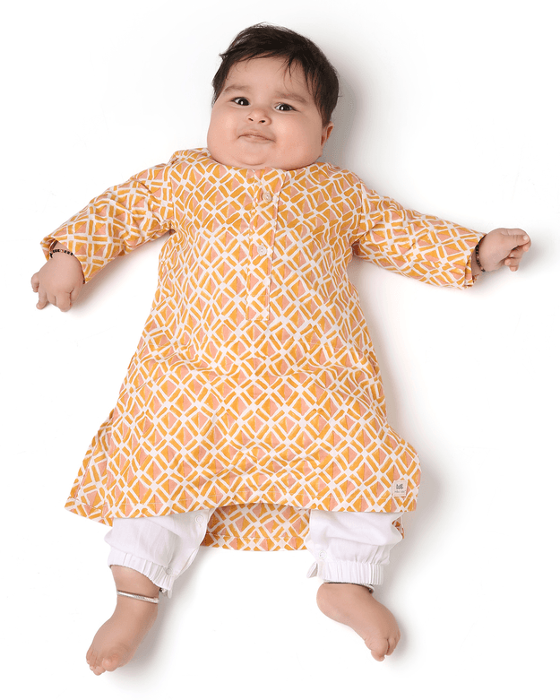 Genda Handblock Printed Infant Kurta with Attached Pyjama (Onesie), Orange