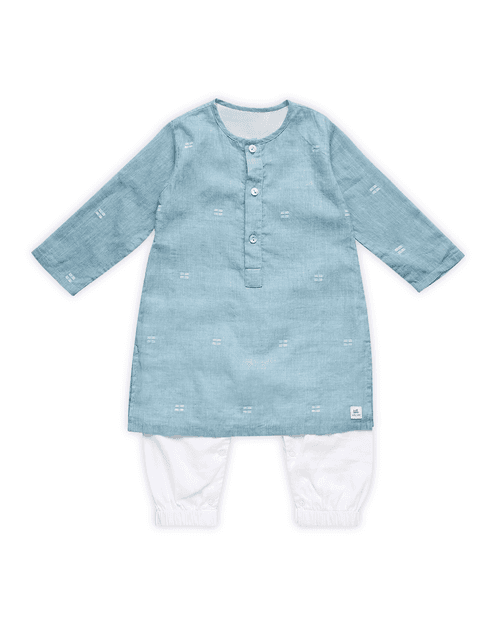 Baadal Infant Kurta with Attached Pyjama (Onesie) in Jamdani Cotton, Blue