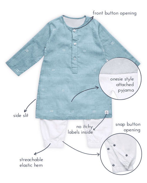 Baadal Infant Kurta with Attached Pyjama (Onesie) in Jamdani Cotton, Blue