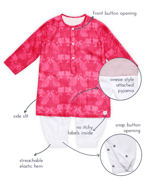 Maanik Chanderi Peacock Printed Infant Kurta with Attached Pyjama (Onesie), Magenta