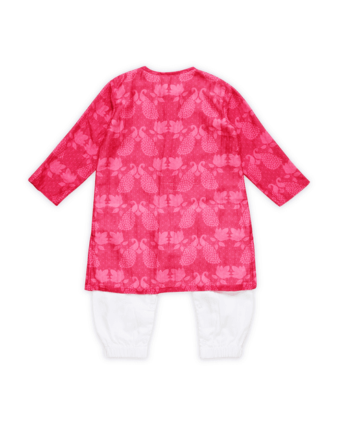 Maanik Chanderi Peacock Printed Infant Kurta with Attached Pyjama (Onesie), Magenta