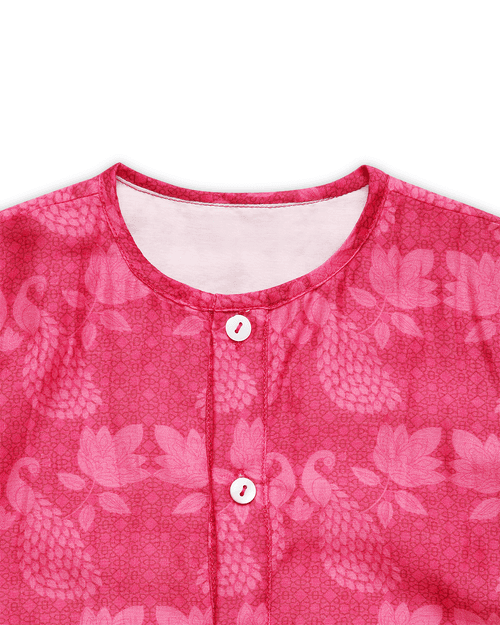 Maanik Chanderi Peacock Printed Infant Kurta with Attached Pyjama (Onesie), Magenta