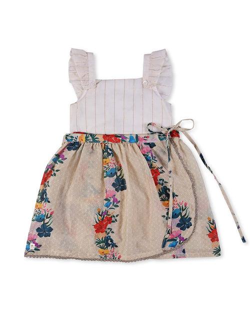 Gulzar Chanderi Floral Printed Infant Onesie with Detachable Lehenga Skirt and Matching Clips, Cream