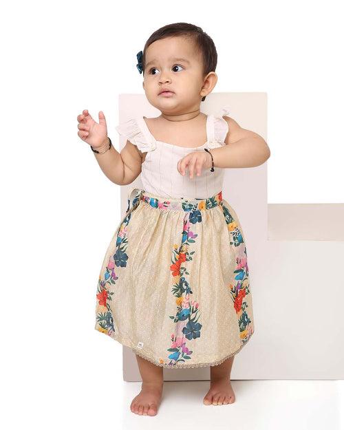 Gulzar Chanderi Floral Printed Infant Onesie with Detachable Lehenga Skirt and Matching Clips, Cream