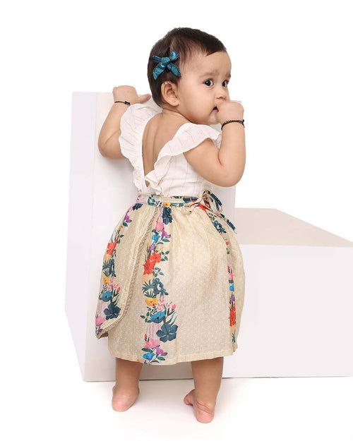 Gulzar Chanderi Floral Printed Infant Onesie with Detachable Lehenga Skirt and Matching Clips, Cream