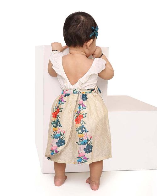 Gulzar Chanderi Floral Printed Infant Onesie with Detachable Lehenga Skirt and Matching Clips, Cream