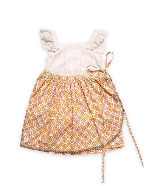 Genda Handblock Printed Infant Onesie with Detachable Lehenga Skirt and Matching Clips, Orange