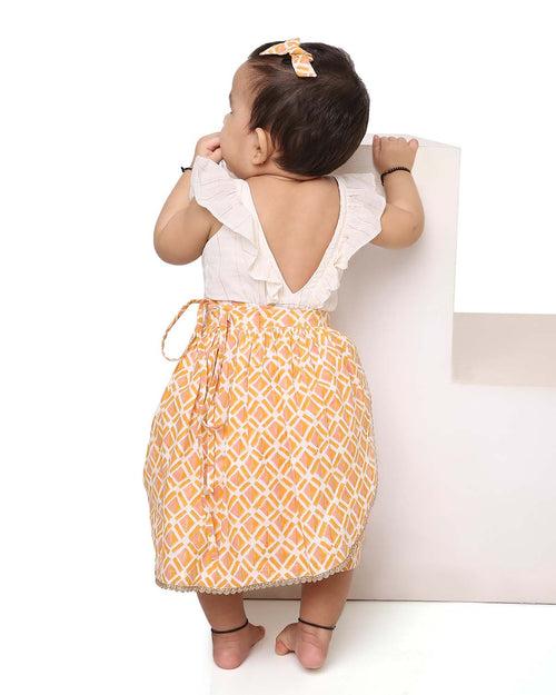 Genda Handblock Printed Infant Onesie with Detachable Lehenga Skirt and Matching Clips, Orange