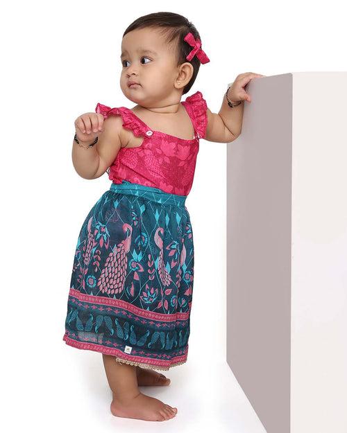 Firoza Chanderi Peacock Printed Infant Onesie with Detachable Lehenga Skirt and Matching Clips, Turquoise and Magenta