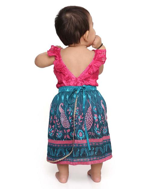 Firoza Chanderi Peacock Printed Infant Onesie with Detachable Lehenga Skirt and Matching Clips, Turquoise and Magenta