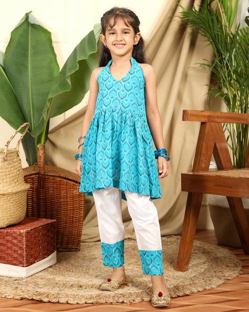 Zarkha Girls Ethnic Halter Neck Tunic with Zari Stripes and Off-White Pyjama in Cotton