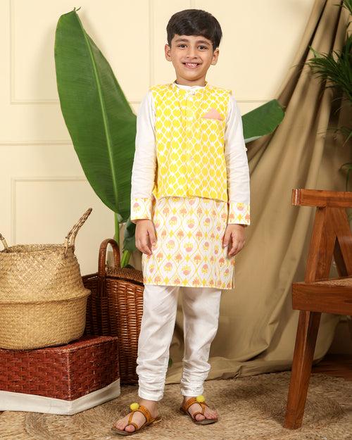 Zahra Boys Ethnic Hand-Block Printed Kurta with Nur Bandi/Nehru Jacket and Churidaar Set