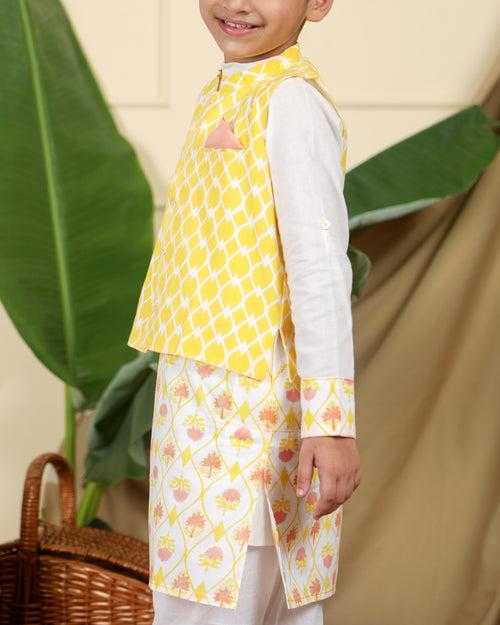 Zahra Boys Ethnic Hand-Block Printed Kurta with Nur Bandi/Nehru Jacket and Churidaar Set