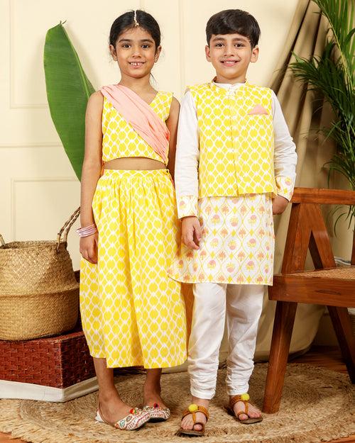 Zahra Boys Ethnic Hand-Block Printed Kurta with Nur Bandi/Nehru Jacket and Churidaar Set