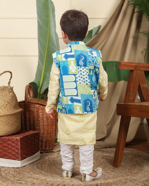 Panna Boys Ethnic Hand-Block Printed Kurta with Manara Bandi/Nehru Jacket and Churidaar Set