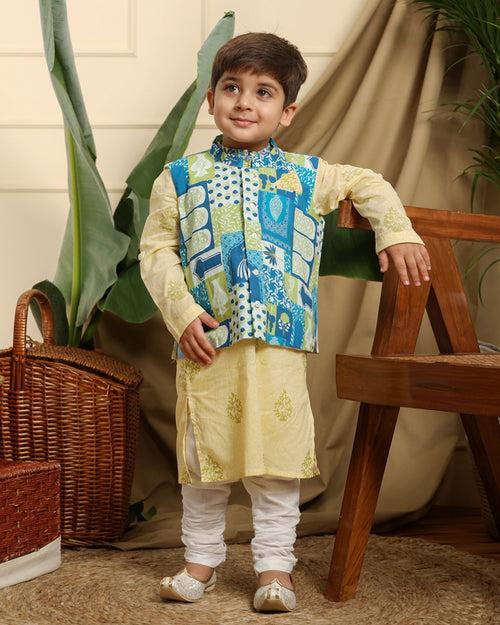 Panna Boys Ethnic Hand-Block Printed Kurta with Manara Bandi/Nehru Jacket and Churidaar Set