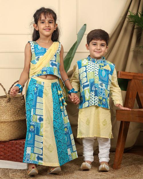 Panna Boys Ethnic Hand-Block Printed Kurta with Manara Bandi/Nehru Jacket and Churidaar Set