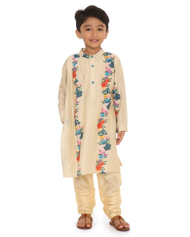 Gulzar Cotton Silk Floral Printed Pleated Kurta with Churidaar, Cream