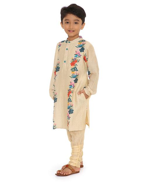 Gulzar Cotton Silk Floral Printed Pleated Kurta with Churidaar, Cream