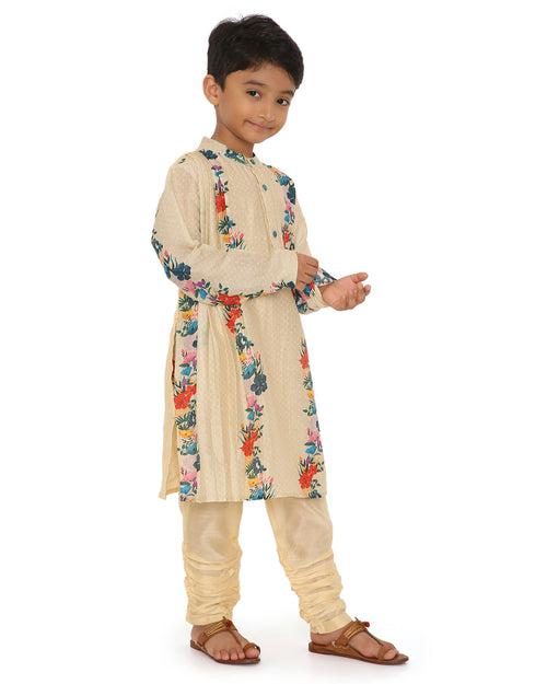 Gulzar Cotton Silk Floral Printed Pleated Kurta with Churidaar, Cream