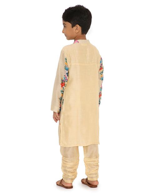 Gulzar Cotton Silk Floral Printed Pleated Kurta with Churidaar, Cream