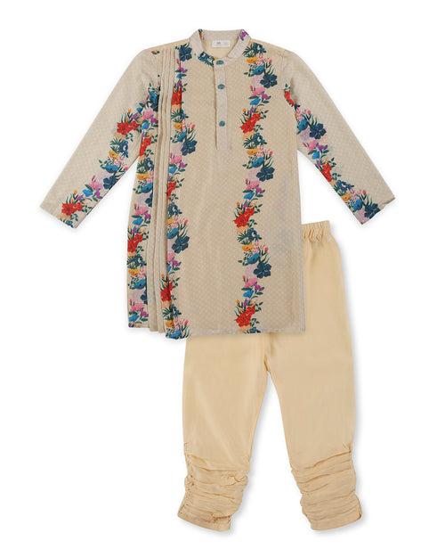 Gulzar Cotton Silk Floral Printed Pleated Kurta with Churidaar, Cream