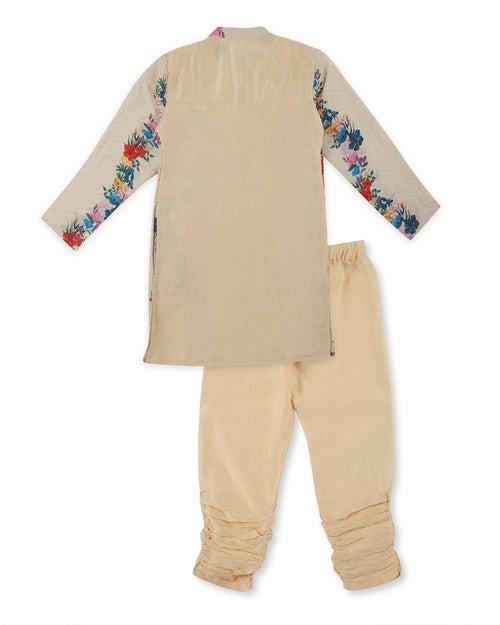 Gulzar Cotton Silk Floral Printed Pleated Kurta with Churidaar, Cream