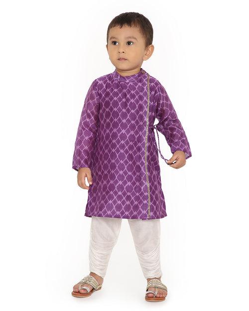 Jamini Cotton Silk Chanderi Block Printed Angrakha Kurta with Churidaar, Purple