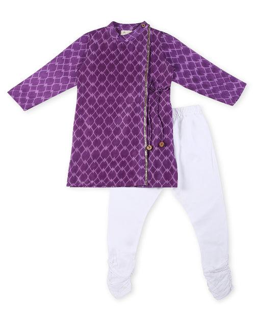 Jamini Cotton Silk Chanderi Block Printed Angrakha Kurta with Churidaar, Purple