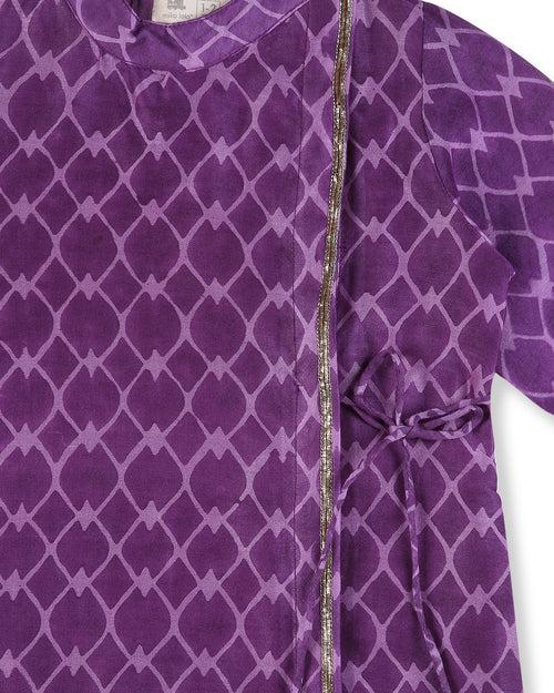 Jamini Cotton Silk Chanderi Block Printed Angrakha Kurta with Churidaar, Purple