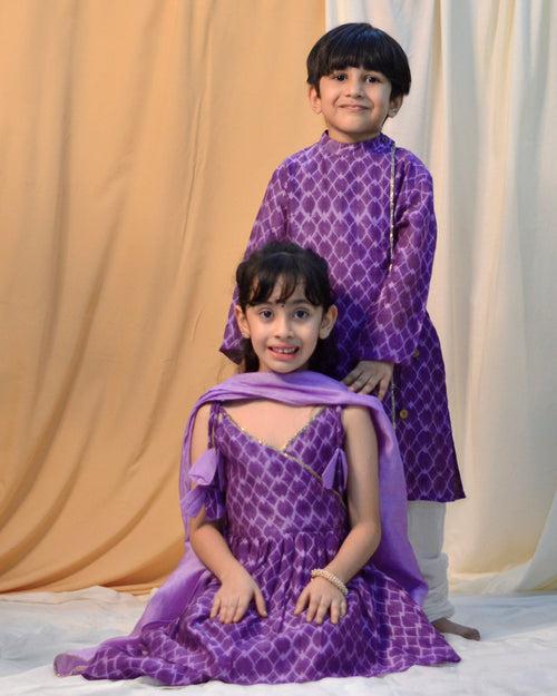 Jamini Cotton Silk Chanderi Block Printed Angrakha Kurta with Churidaar, Purple