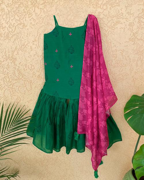 Panna Cotton Silk Chanderi Green Block Printed Sharara Set with Pink Dupatta