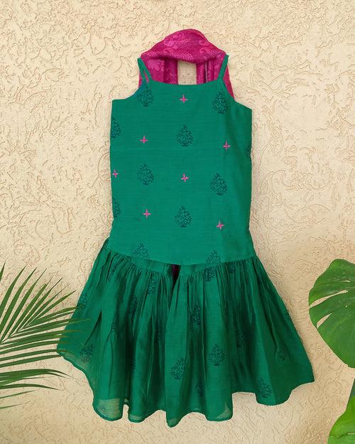 Panna Cotton Silk Chanderi Green Block Printed Sharara Set with Pink Dupatta