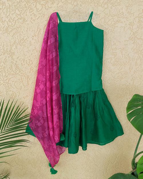 Panna Cotton Silk Chanderi Green Block Printed Sharara Set with Pink Dupatta