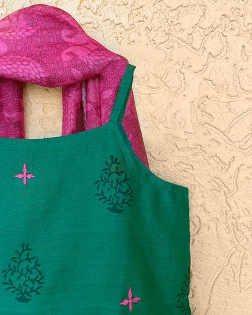 Panna Cotton Silk Chanderi Green Block Printed Sharara Set with Pink Dupatta