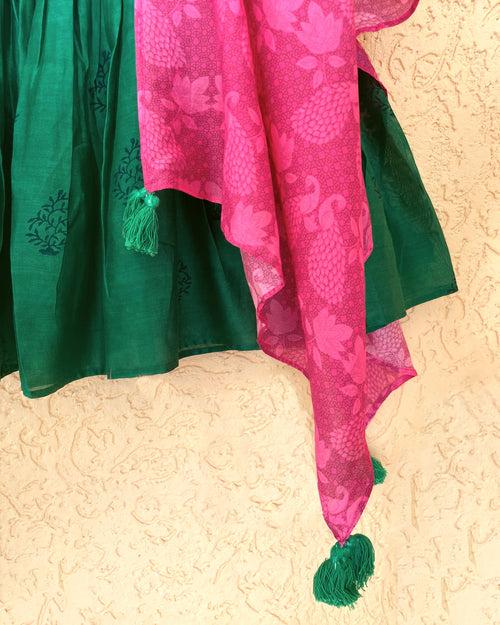 Panna Cotton Silk Chanderi Green Block Printed Sharara Set with Pink Dupatta