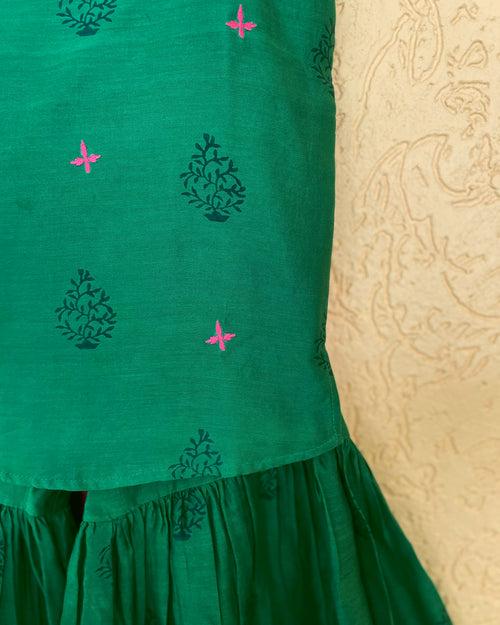 Panna Cotton Silk Chanderi Green Block Printed Sharara Set with Pink Dupatta