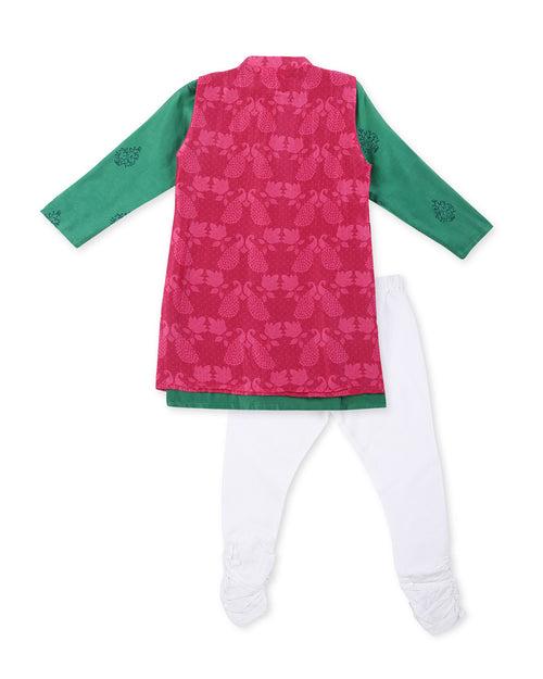 Panna Cotton Silk Green Block Printed Kurta with Pink Long Sherwani Jacket and Churidaar